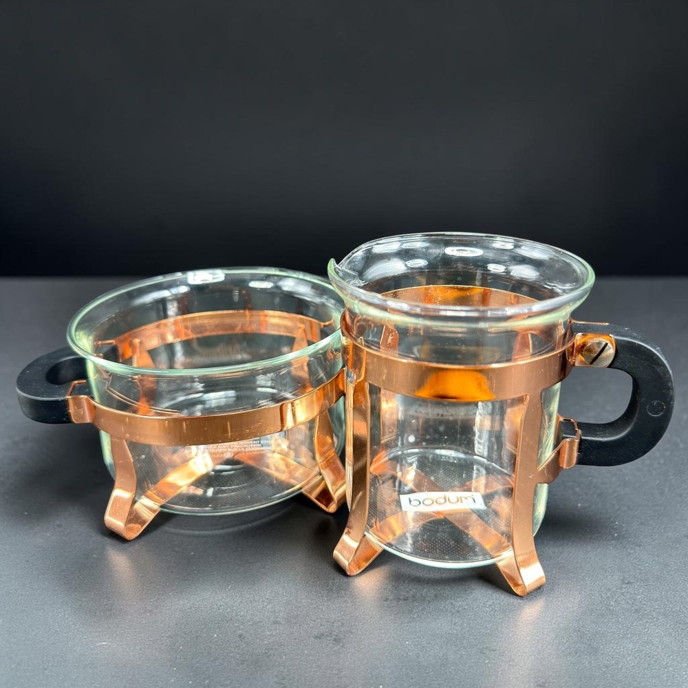 Bodum Chambord Copper Glass Sugar and Creamer Set Black Handles MCM Style